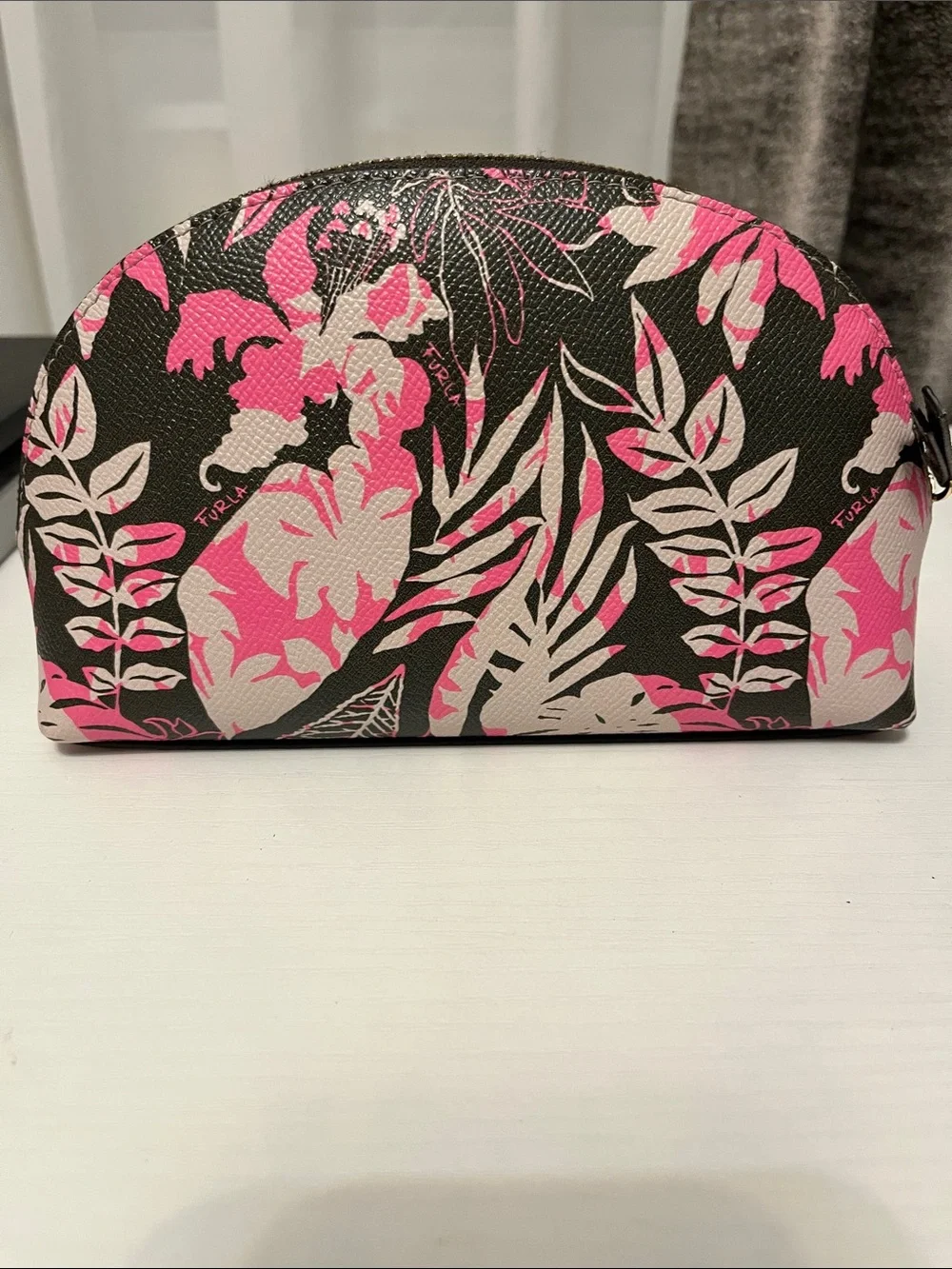 Furla Black & Pink Tropical Leaf Cosmetic, Makeup Pouch